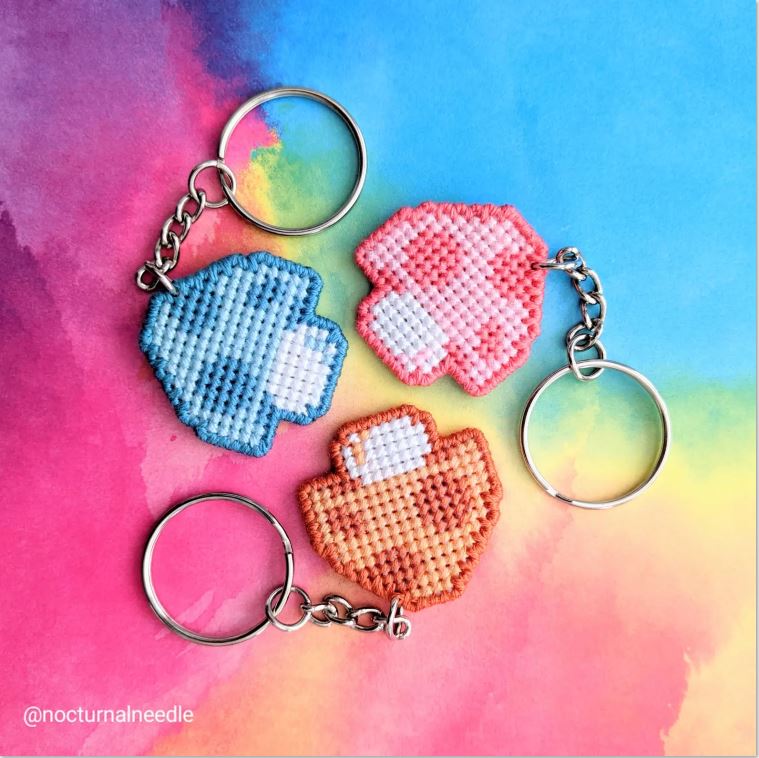 Handmade Cross Stitch Mushroom Keychain - Double Sided