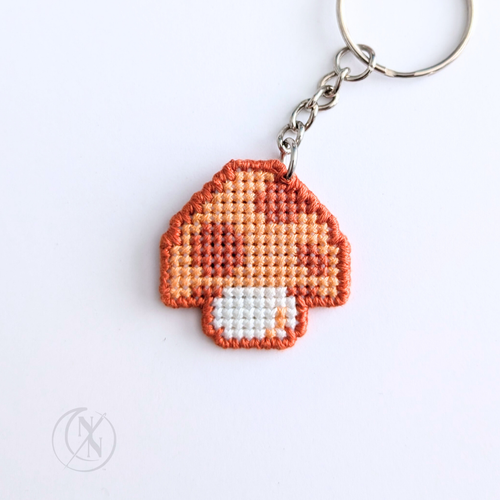 Handmade Cross Stitch Mushroom Keychain - Double Sided