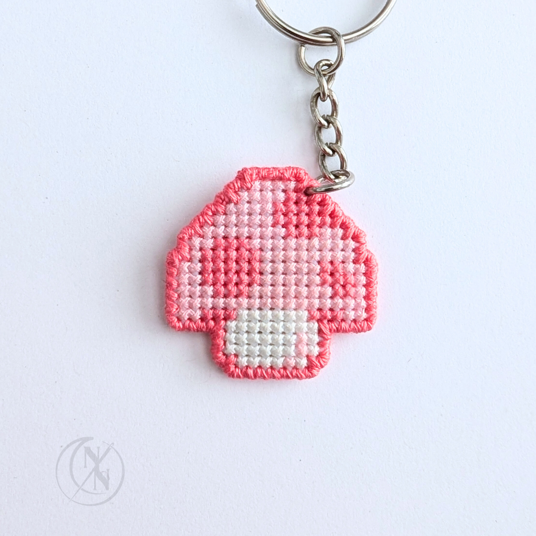Handmade Cross Stitch Mushroom Keychain - Double Sided