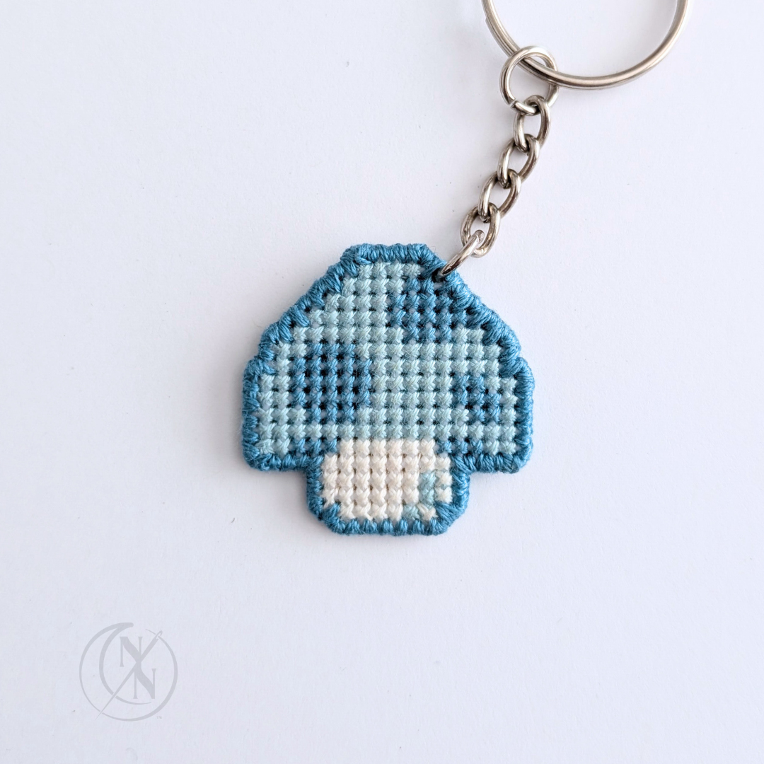 Handmade Cross Stitch Mushroom Keychain - Double Sided