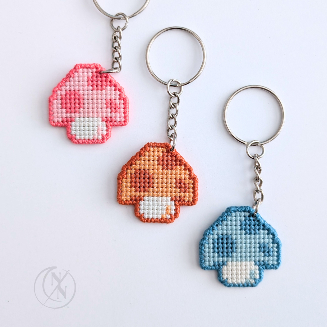 Handmade Cross Stitch Mushroom Keychain - Double Sided