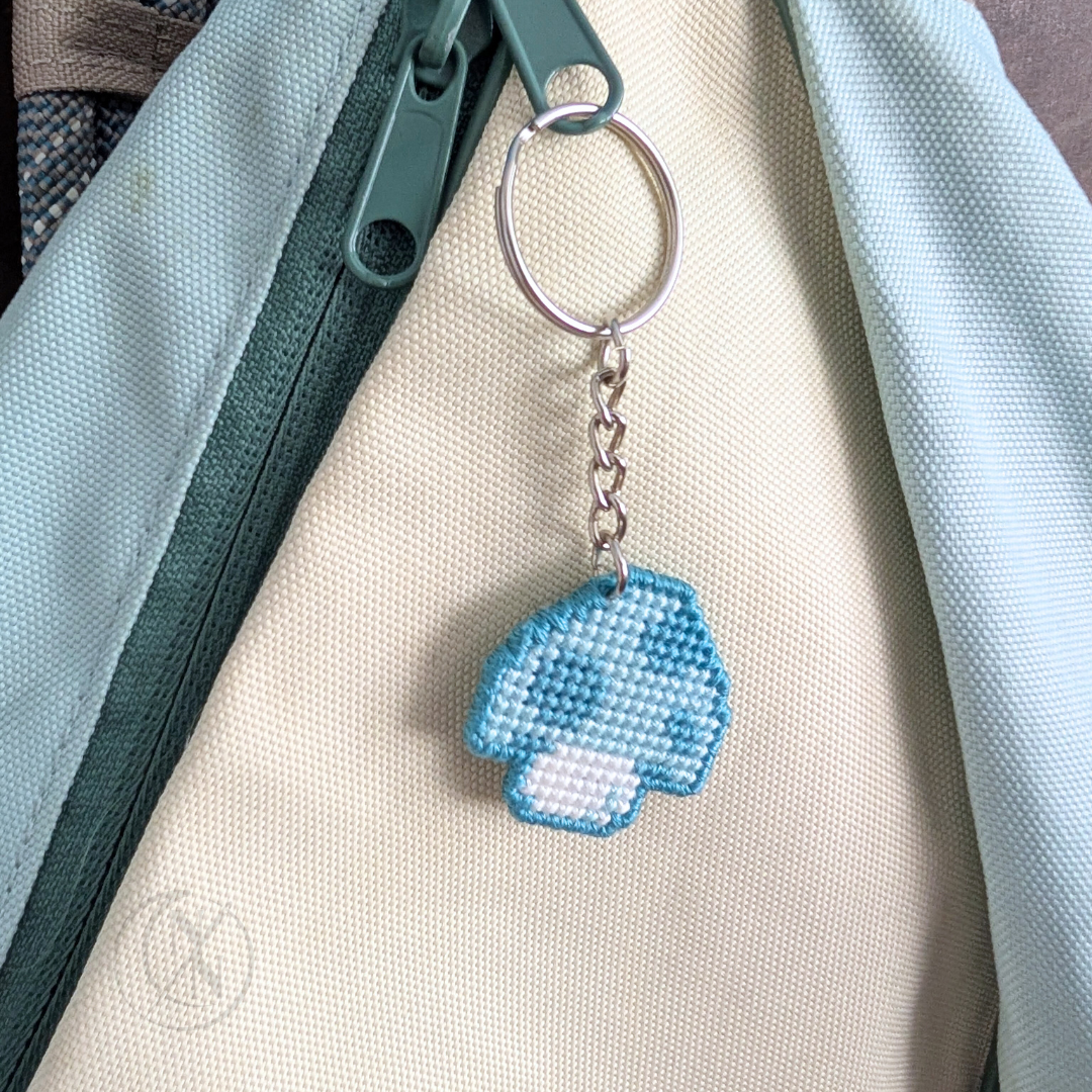 Handmade Cross Stitch Mushroom Keychain - Double Sided