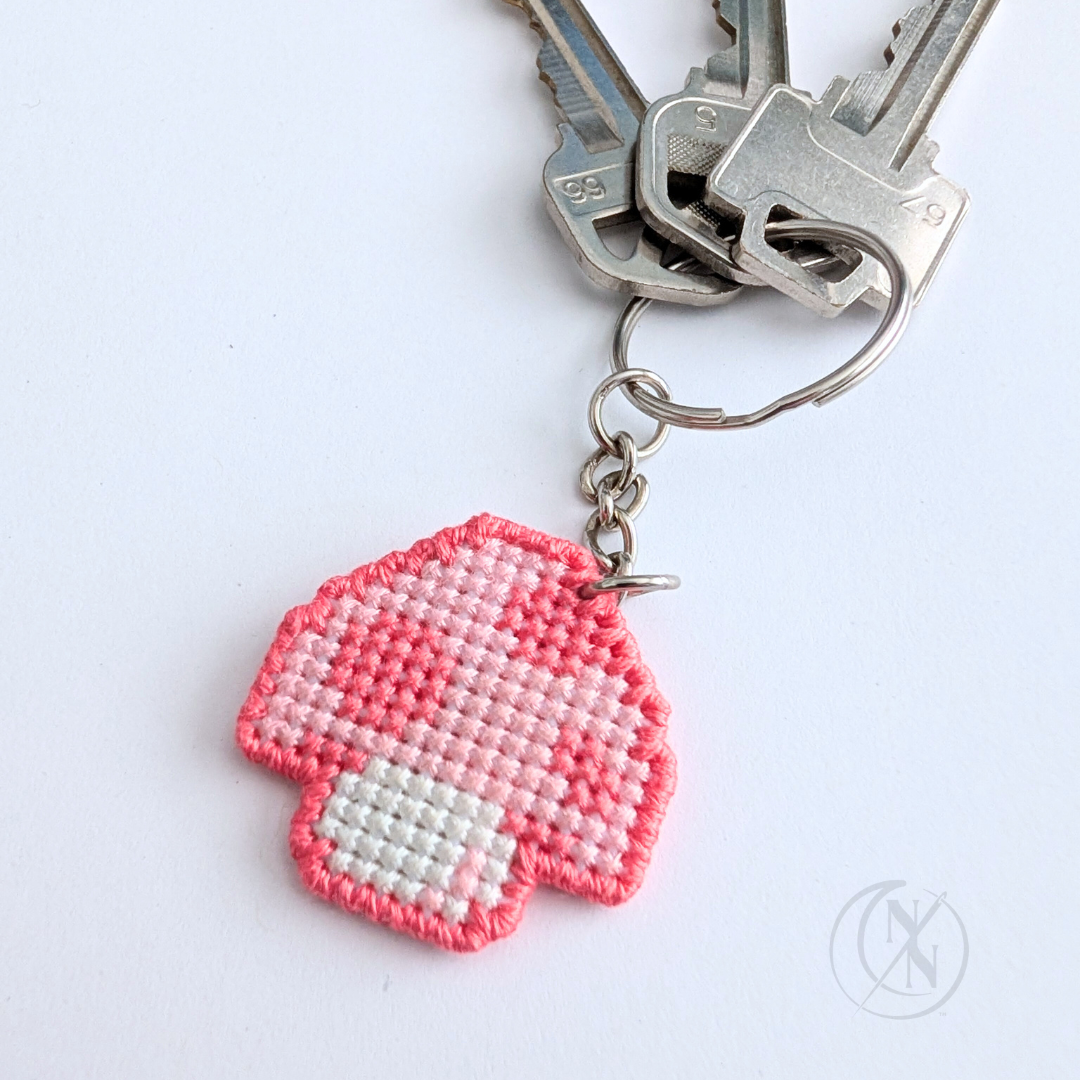 Handmade Cross Stitch Mushroom Keychain - Double Sided